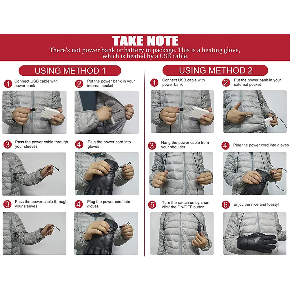 Leather Electric Heating Gloves Waterproof Outdoor Winter Gloves Heated Touchscreen Hand Warmer for Hiking Skiing Fishing