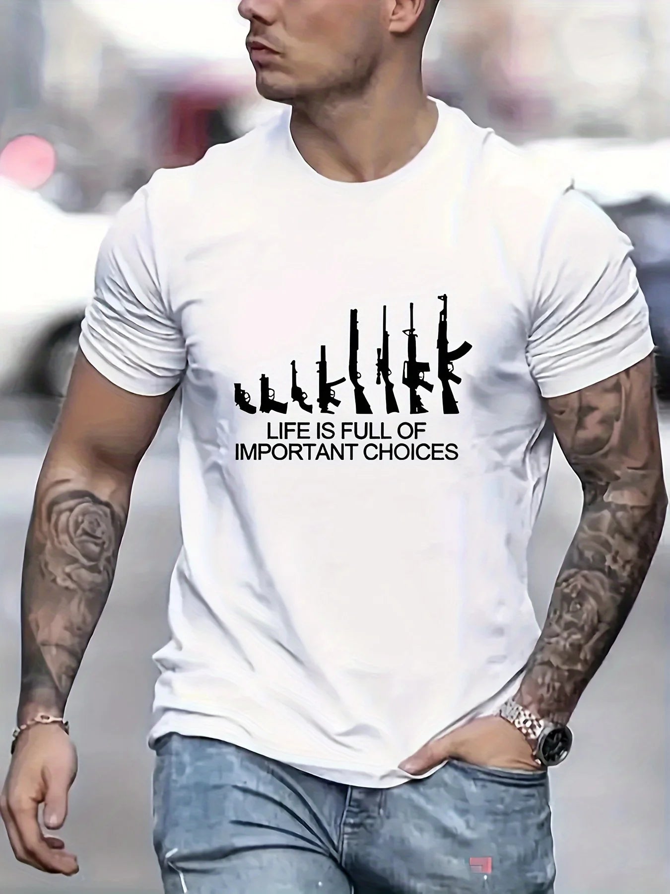Gun Patterns Print Crew Neck Short Sleeve T shirt For Men Casual Summer T Shirt For Daily Wear And Vacation Resorts