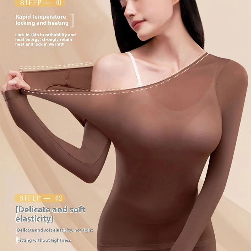 Women Warm Thermal Underwear Ultra Thin Traceless Long Sleeves Clothes High Elastic Set Black Tech Constant Temperature Lingerie