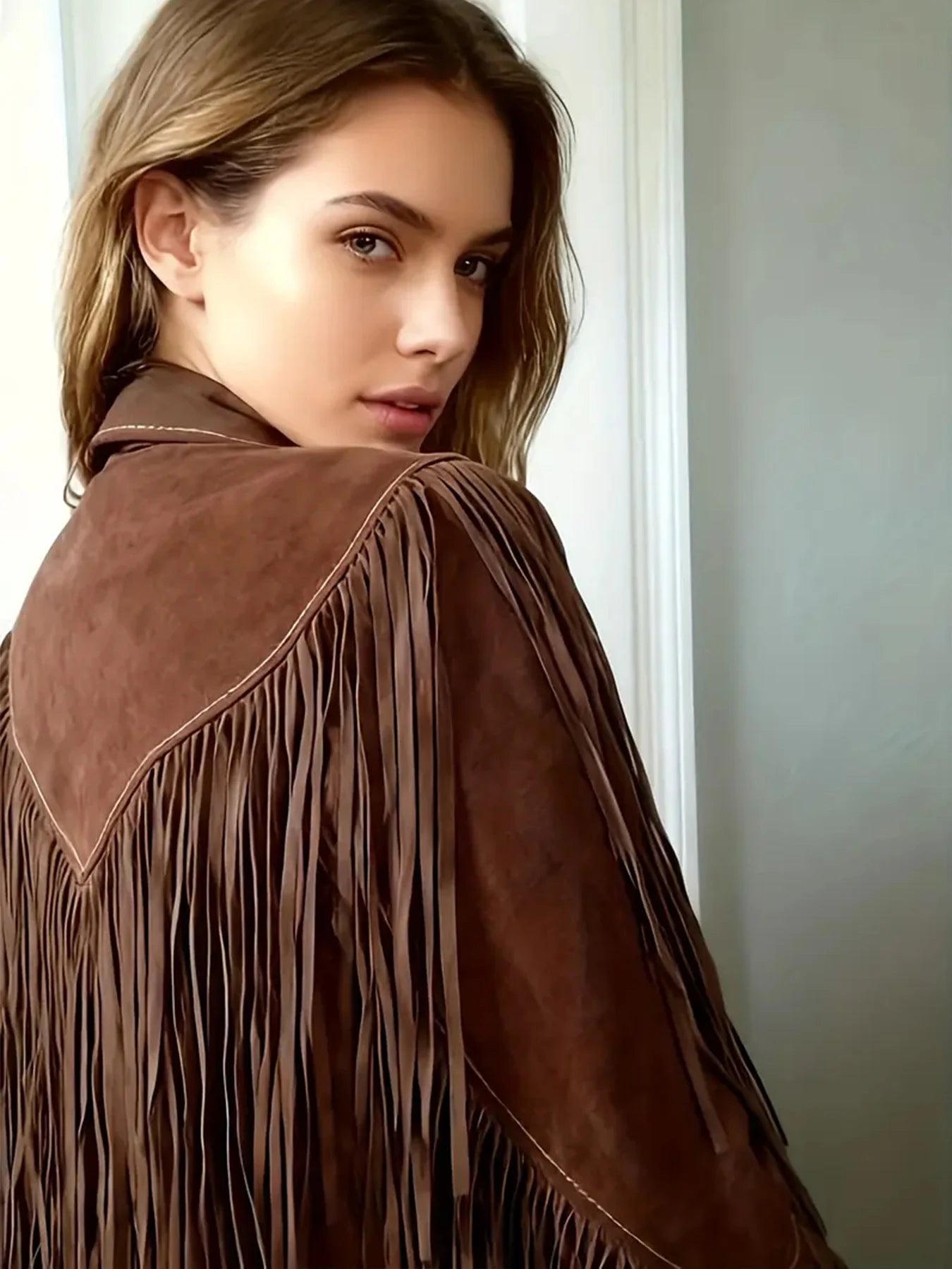 New Women's Vintage Suede Fringed Long-Sleeved Turtleneck Jacket, Western Style, Machine Washable