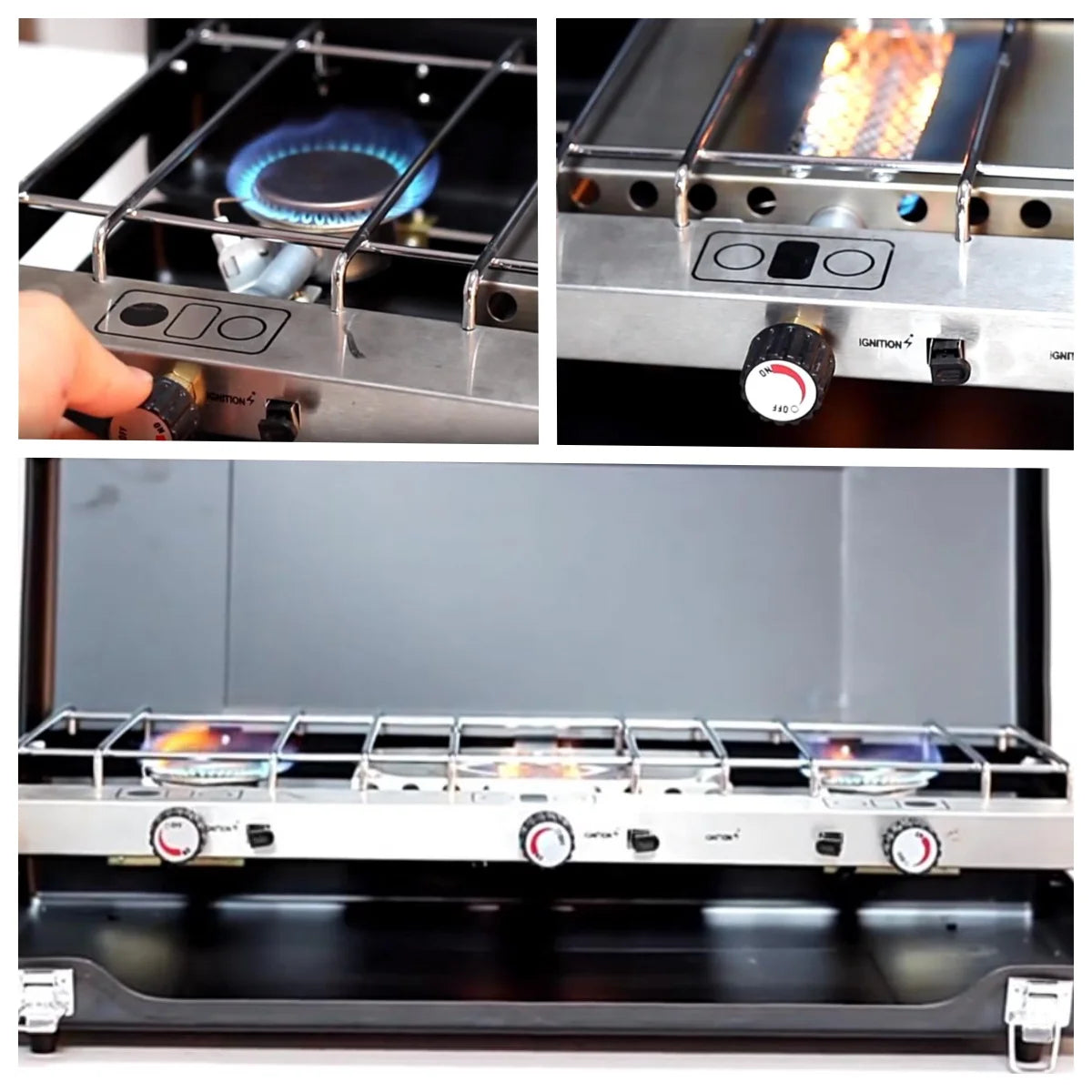 Portable Camping Stove Gas Powerful 3 Separate Burner Windshield for Tourist Picnic BBQ Outdoor Cassette Lightweight, Black