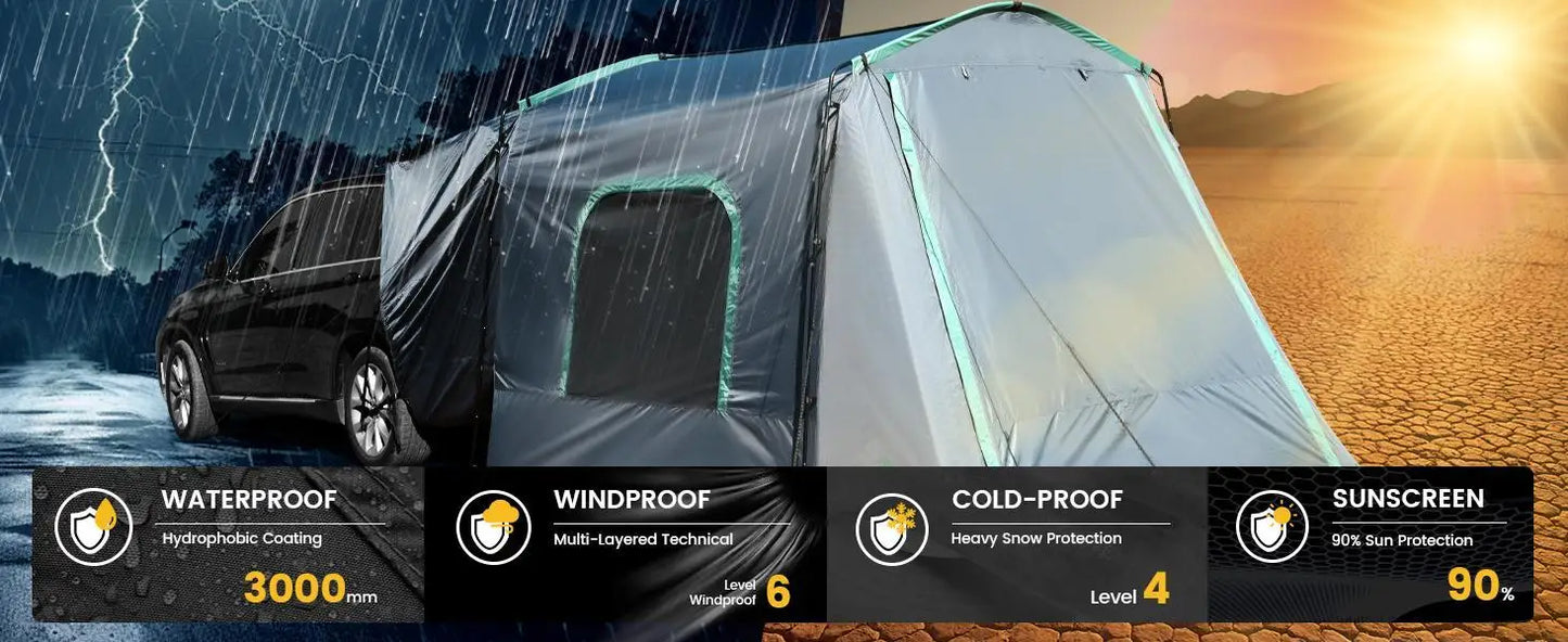 W_SUV Tent, 5-9 Person Rectangle Car Tent for Family, Waterproof & Windproof for Car Camping, Large Camping Tents with Storage