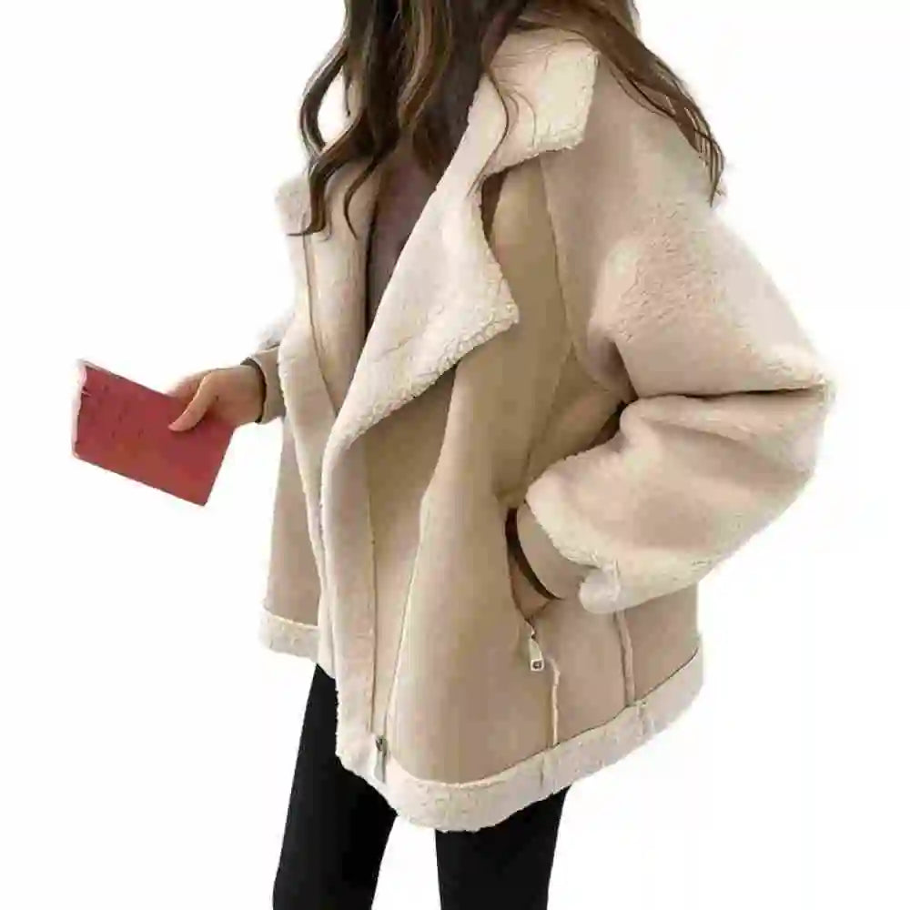 2025 Fall/Winter New Women's Jacket, Versatile Loose Fit, Faux Suede and Shearling Short Lamb Wool Biker Jacket
