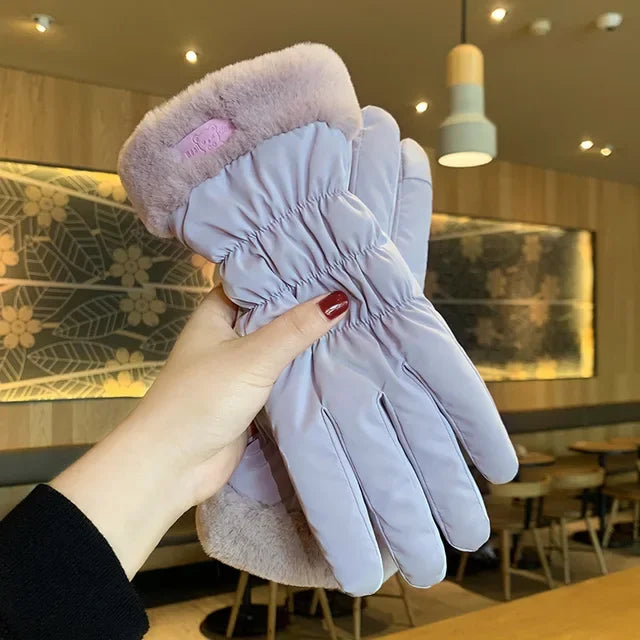 Ski Gloves Women Winter Fleece Thickened Warm Plush Cotton Waterproof Touch-Screen Gloves For Outdoor Riding Mountaineering