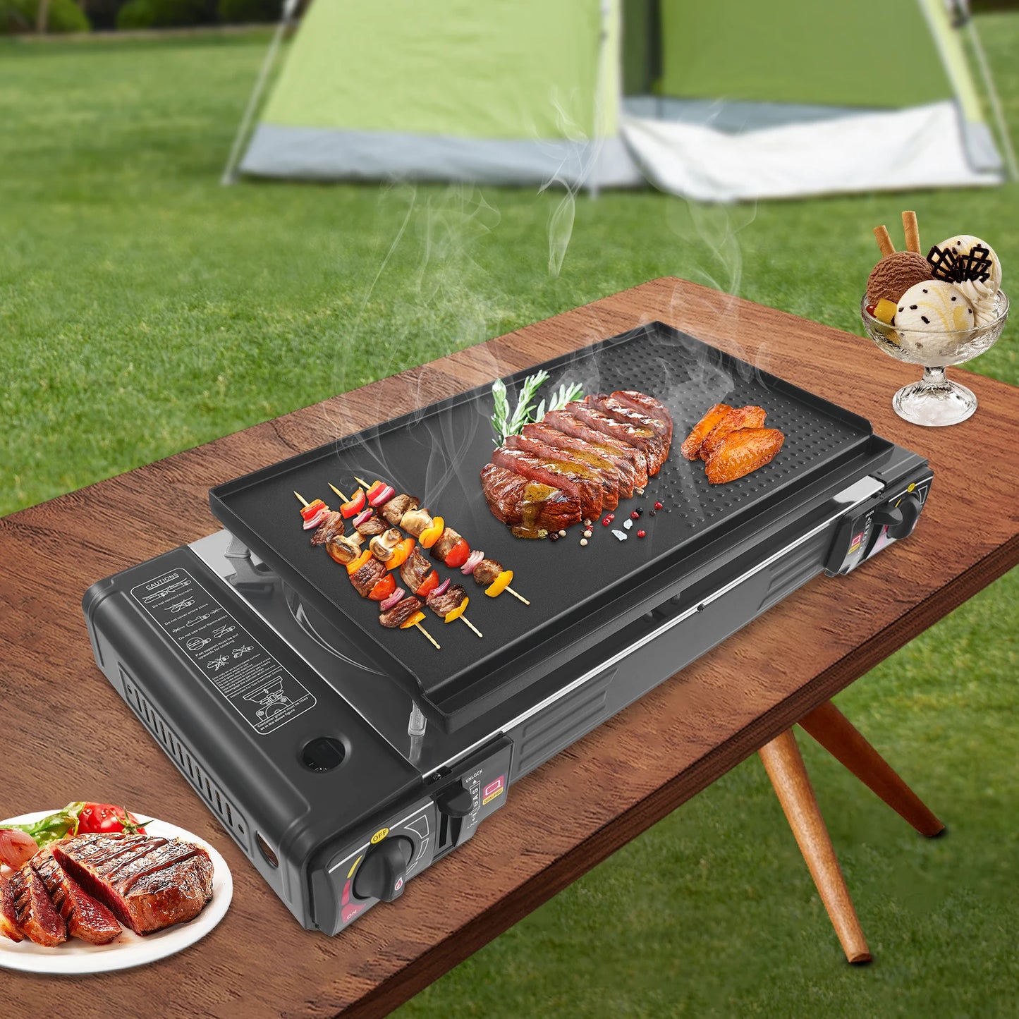 Double Head Barbecue Gas Stove Portable Camping Barbecue Stove with Baking Tray Outdoor Picnic Barbecue Tool