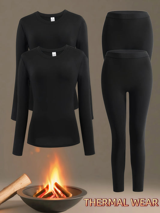 4Pack Women Fleece Thermal Underwear Set, Comfortable Base Layer, Warm Skin-Tight Pants For Outdoor Activities, Skiing In Winter