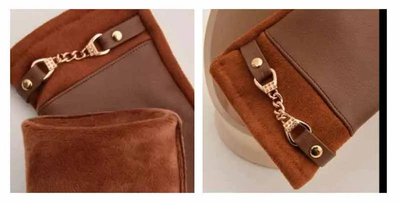 Winter Women Suede Leather Plus Velvet Keep Warm Chain Gloves Fashion Elegant Touch Screen Soft Drive Cycling Windproof Mittens