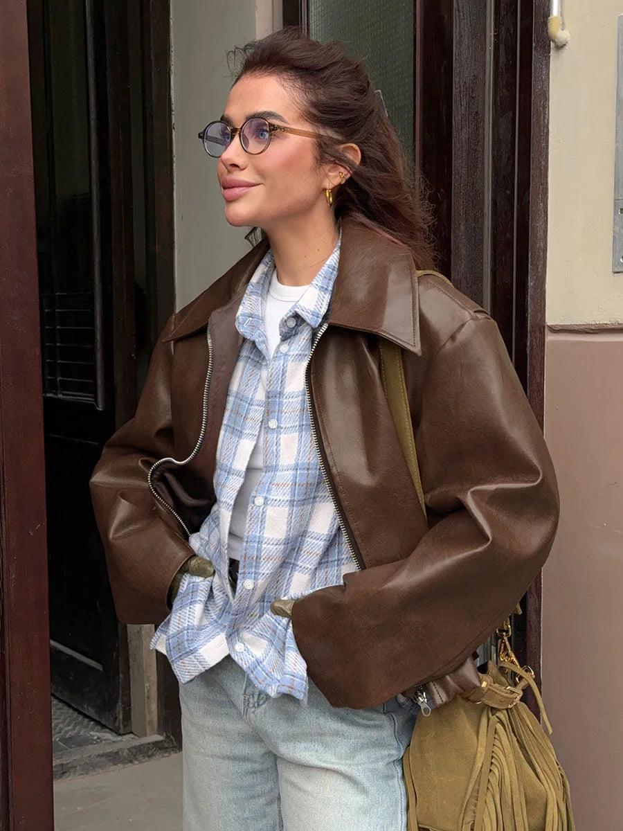 Retro motorcycle style wine red PU leather jacket for women 2025 autumn fashion matte leather jacket jacket