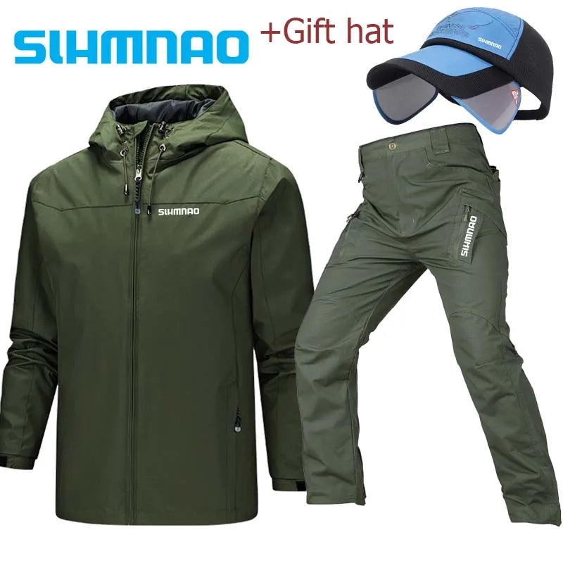 2025 Spring and Autumn Hooded Waterproof Fishing Set, Outdoor Hunting Tactical Pants, Mountaineering Cycling Clothes