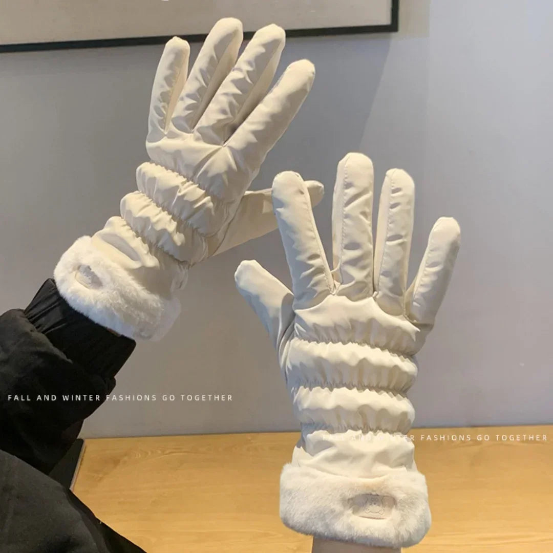 Ski Gloves Women Winter Fleece Thickened Warm Plush Cotton Waterproof Touch-Screen Gloves For Outdoor Riding Mountaineering