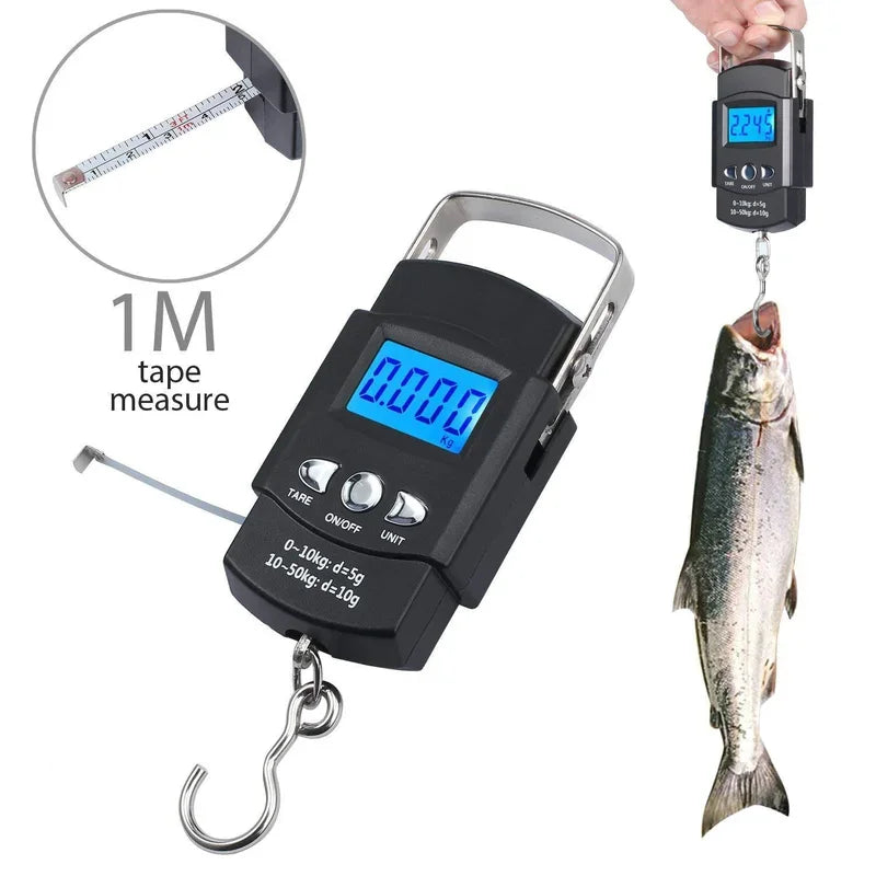 FLYSAND 110lb/50kg Electronic Scale Backlit LCD Display  with Measuring Tape Balance Digital Fishing Hanging Hook Scale Tool