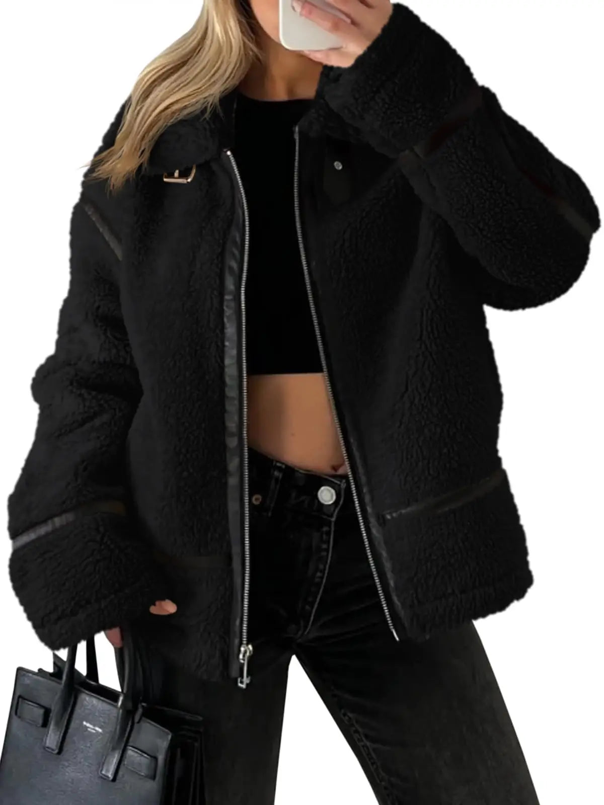 Womens Winter Autumn Daily 2025 Faux Fur Jackets Winter Trendy Sherpa Moto Leather Patchwork Zip Up Coat