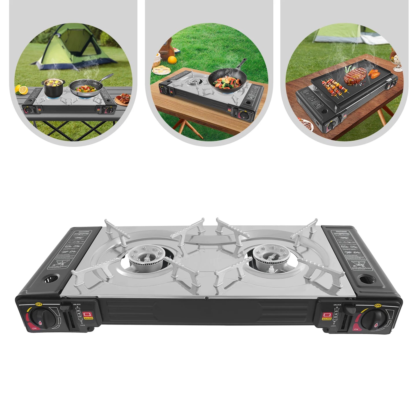 Double Head Barbecue Gas Stove Portable Camping Barbecue Stove with Baking Tray Outdoor Picnic Barbecue Tool