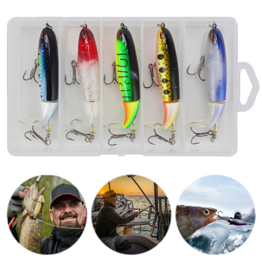 5pcs Whopper Popper Artificial Bait with Rotating Tail Crankbait Fishing Lures for Bass Pike Chub Fishing Accessories