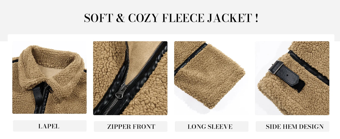 Womens Winter Autumn Daily 2025 Faux Fur Jackets Winter Trendy Sherpa Moto Leather Patchwork Zip Up Coat