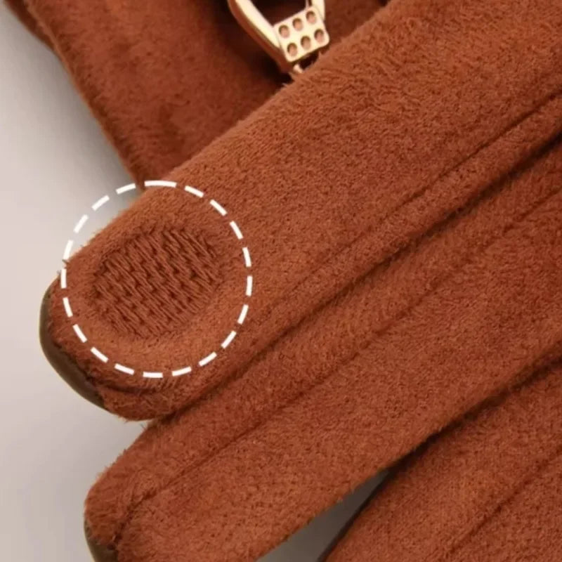 Winter Women Suede Leather Plus Velvet Keep Warm Chain Gloves Fashion Elegant Touch Screen Soft Drive Cycling Windproof Mittens