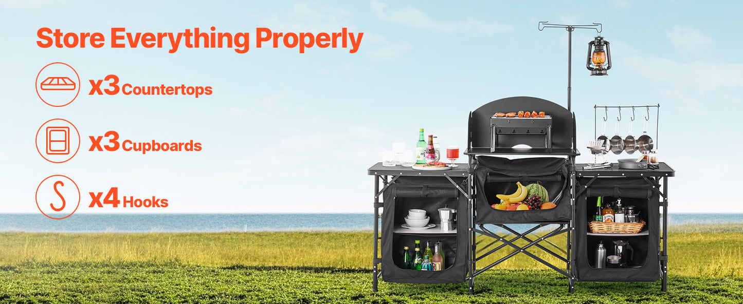 SucceBuy Camping Kitchen Table Aluminum Portable Cook Station with 3 Storage Cupboard Carrying Bag Quick Set-up for BBQ Picnic