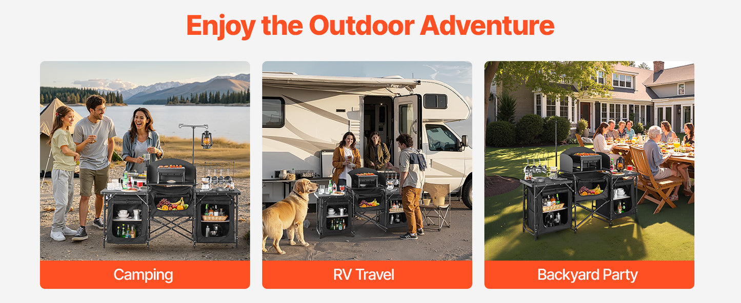 SucceBuy Camping Kitchen Table Aluminum Portable Cook Station with 3 Storage Cupboard Carrying Bag Quick Set-up for BBQ Picnic