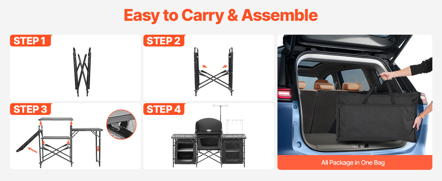 SucceBuy Camping Kitchen Table Aluminum Portable Cook Station with 3 Storage Cupboard Carrying Bag Quick Set-up for BBQ Picnic