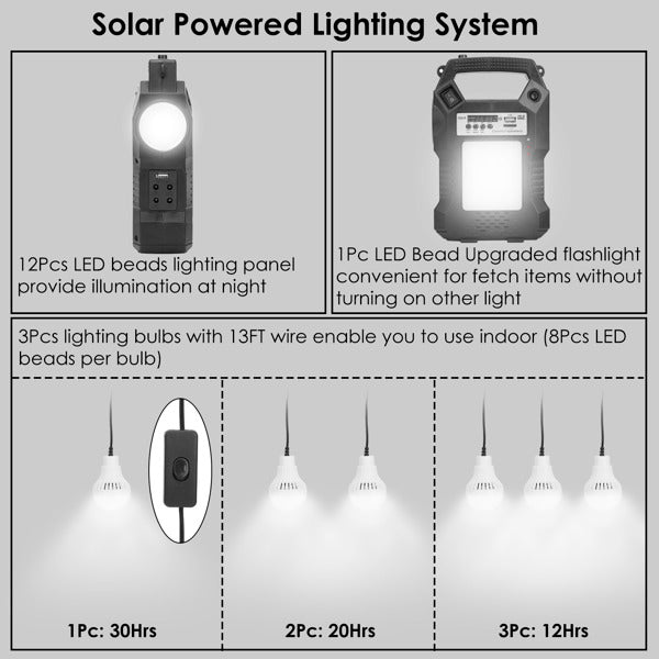 Portable Handheld Flashlights Solar Power Station Rechargeable Backup Emergency Power Bank 3 Lighting Bulbs Camping Garden Lamp